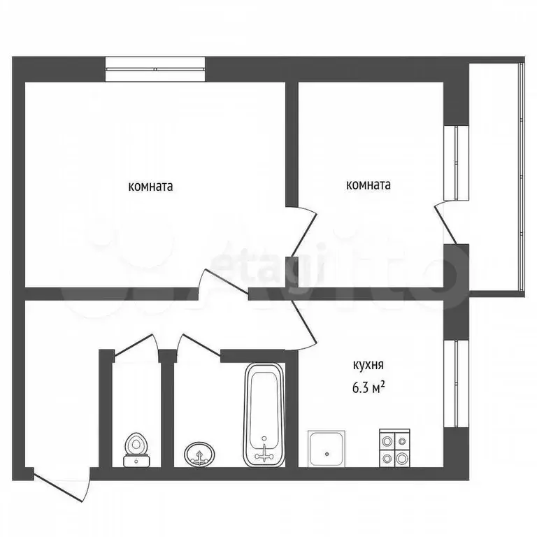 2-к. квартира, 42,6 м, 5/5 эт. - Фото 0