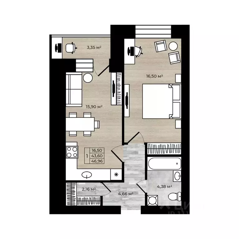 1-к кв. Ярославская область, Ярославль Тормозное ш. (46.95 м) - Фото 1