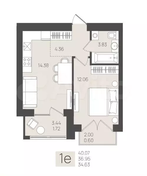 1-к. квартира, 36,4 м, 5/5 эт. - Фото 1