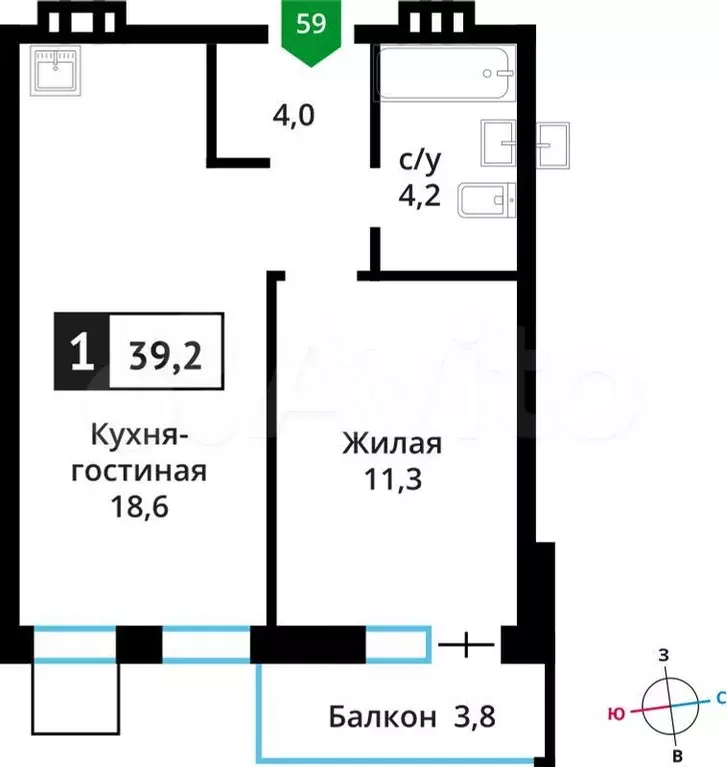 1-к. квартира, 39,2 м, 6/6 эт. - Фото 0