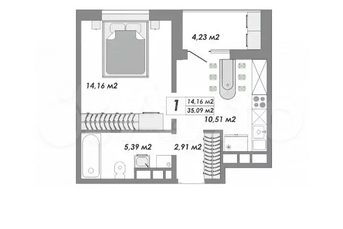 1-к. квартира, 35,1 м, 13/15 эт. - Фото 0