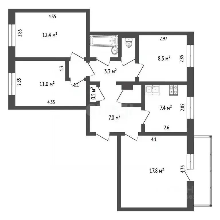 4-к кв. Челябинская область, Миасс ул. Жуковского, 2 (73.9 м) - Фото 2