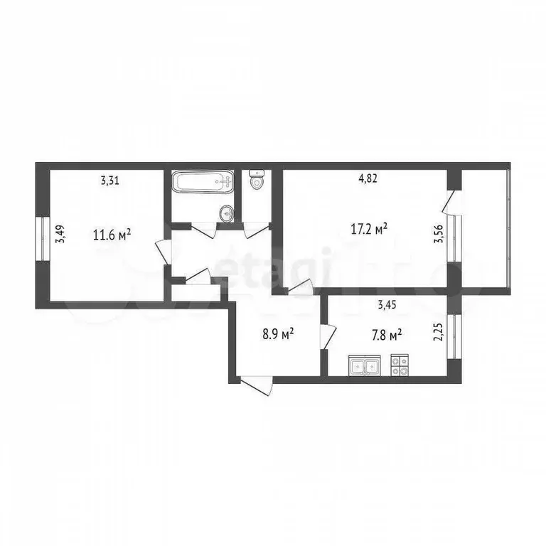 2-к. квартира, 50,6 м, 2/5 эт. - Фото 1