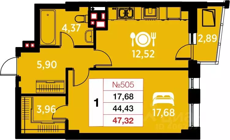 1-к кв. Калининградская область, Калининград ул. Гайдара, 94 (47.32 м) - Фото 0