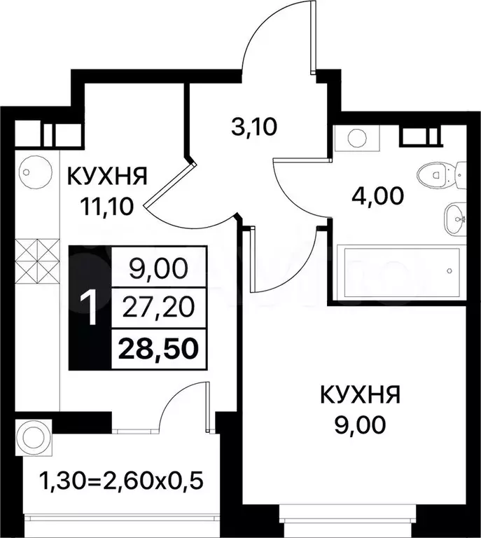 1-к. квартира, 28,5 м, 11/14 эт. - Фото 0