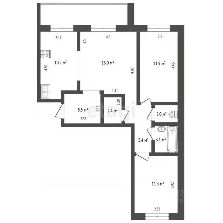 3-к кв. Томская область, Томск ул. Ивана Черных, 75 (68.1 м) - Фото 2