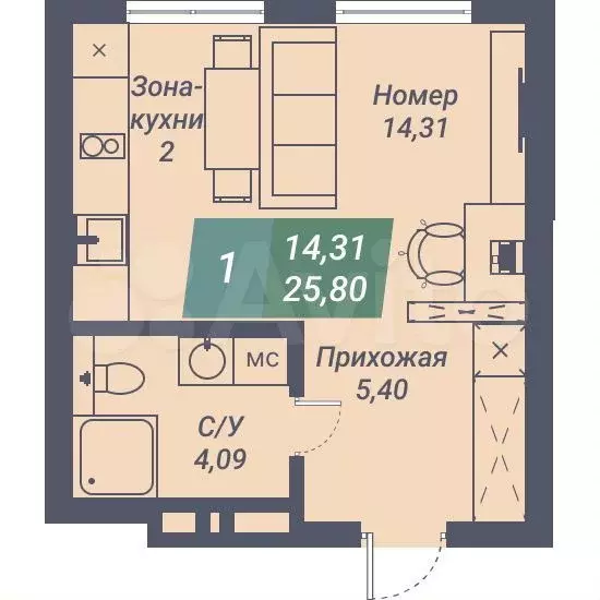 Апартаменты-студия, 25,8 м, 4/23 эт. - Фото 0