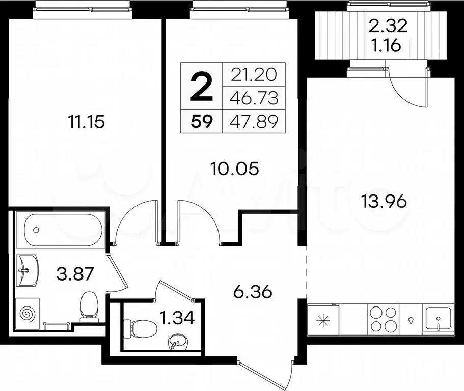 2-к. квартира, 47,9 м, 5/9 эт. - Фото 0