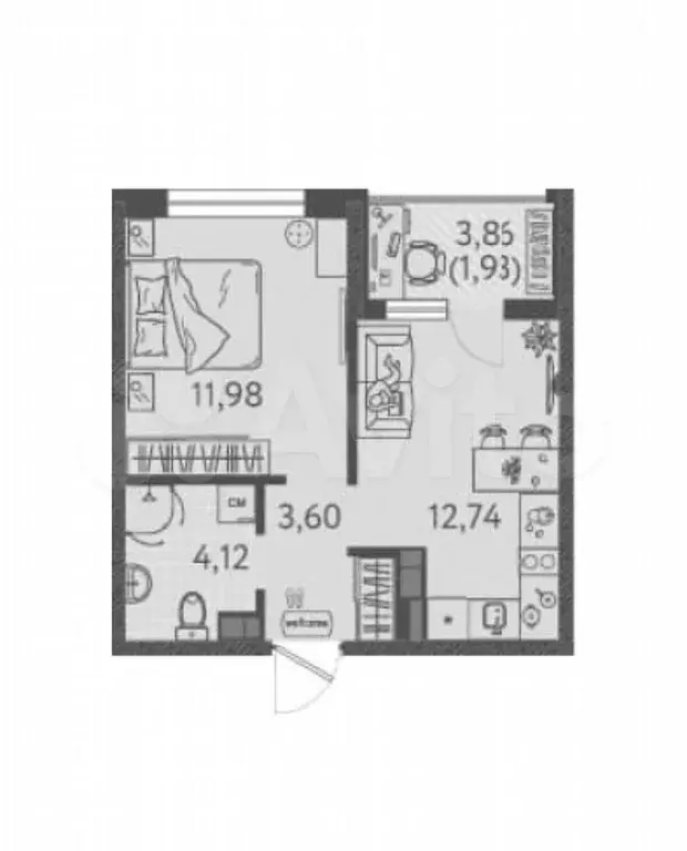 1-к. квартира, 34,4 м, 6/8 эт. - Фото 1