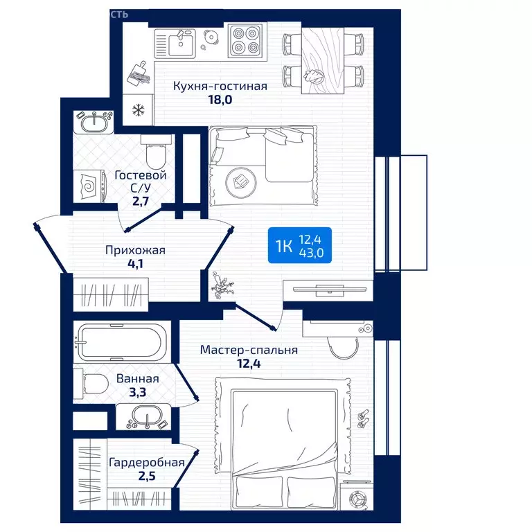 1-комнатная квартира: Самара, 8-я Радиальная улица, 31 (43 м) - Фото 1