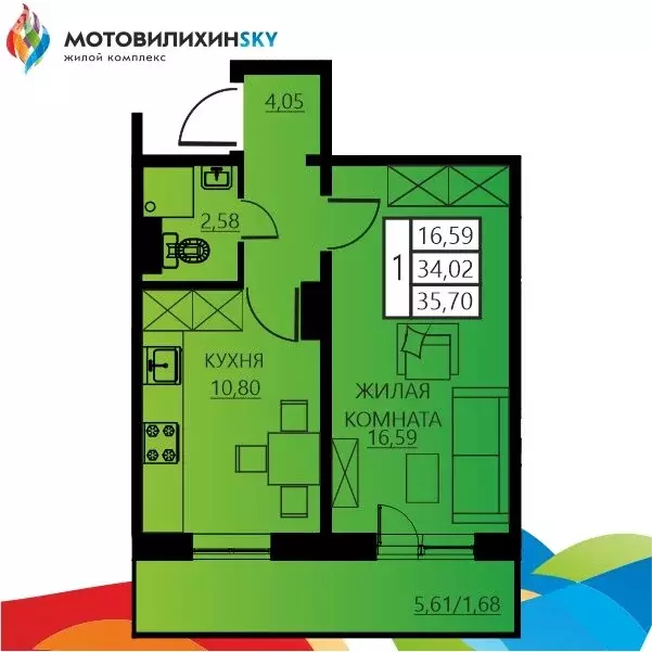 1-комнатная квартира: Пермь, улица Гашкова, 55 (35.7 м) - Фото 0