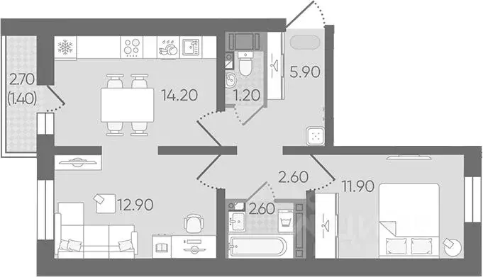 2-к кв. Санкт-Петербург дор. Муринская, 8к2 (53.1 м) - Фото 1