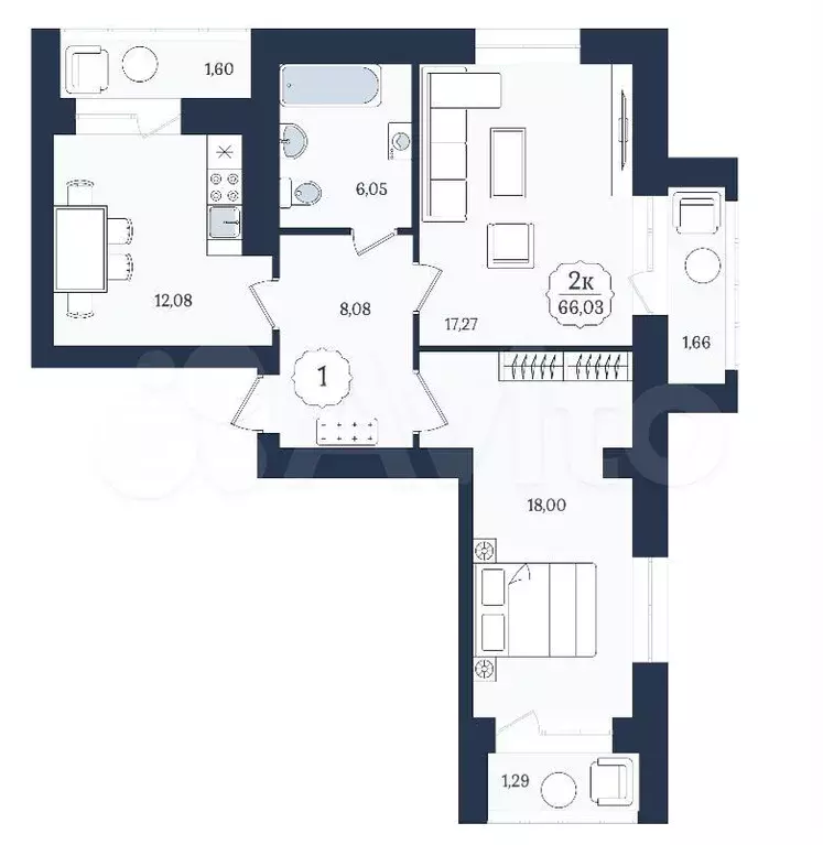 2-к. квартира, 66 м, 2/9 эт. - Фото 1