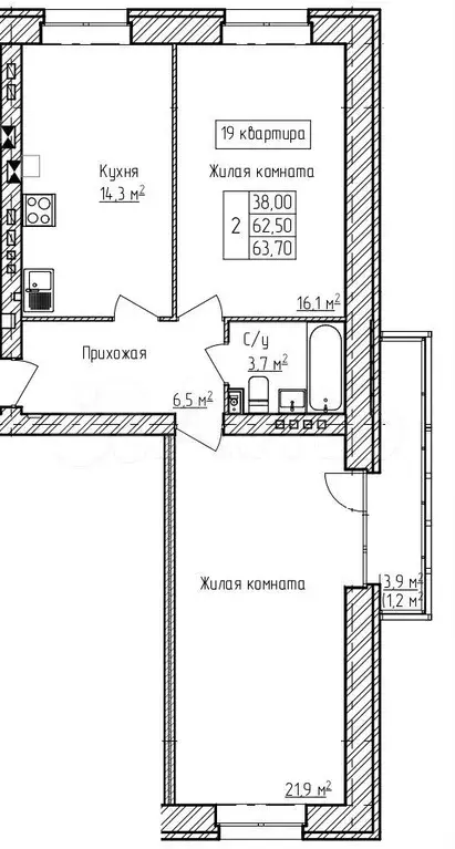 2-к. квартира, 63,7 м, 2/3 эт. - Фото 0