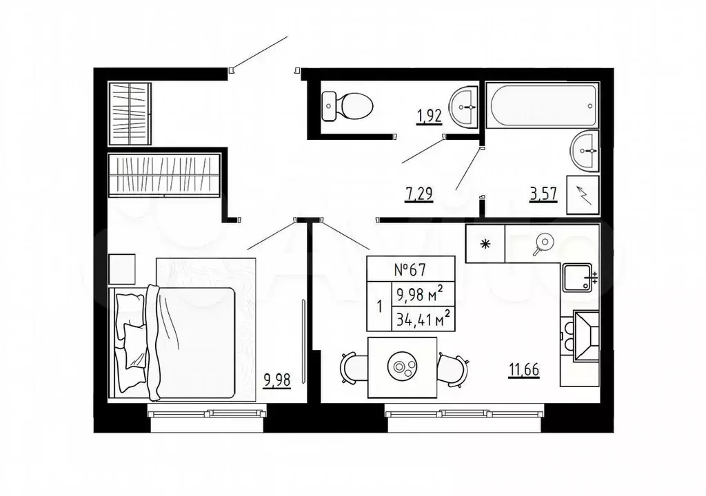 1-к. квартира, 34,4м, 1/4эт. - Фото 1