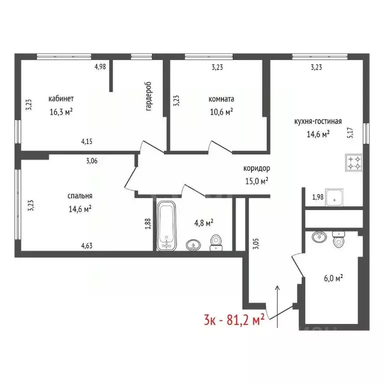 3-к кв. Свердловская область, Екатеринбург ул. Готвальда, 24/2 (81.2 ... - Фото 2