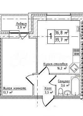 1-к. квартира, 39,7 м, 2/3 эт. - Фото 0