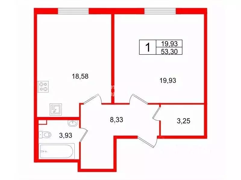 Квартира, 1 комната, 53.3 м - Фото 2