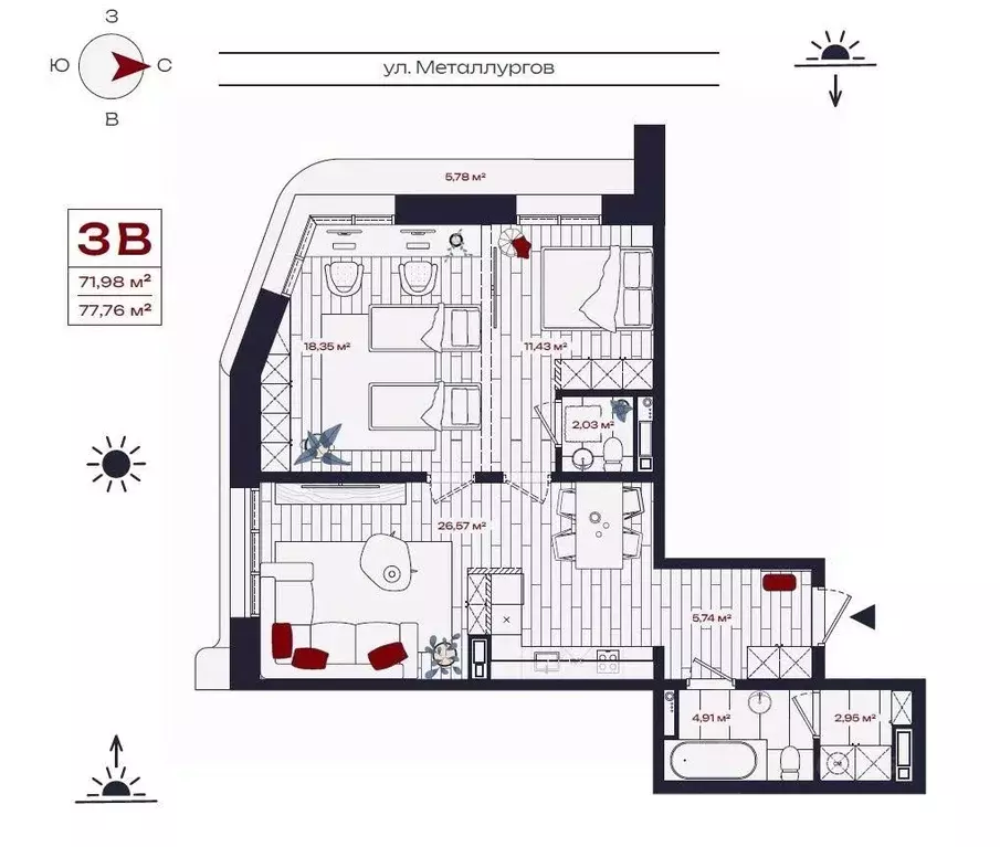3-к кв. Иркутская область, Братск ул. Металлургов, 10 (77.76 м) - Фото 0