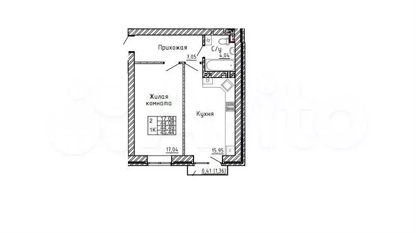 1-к. квартира, 44,5м, 1/4эт. - Фото 1