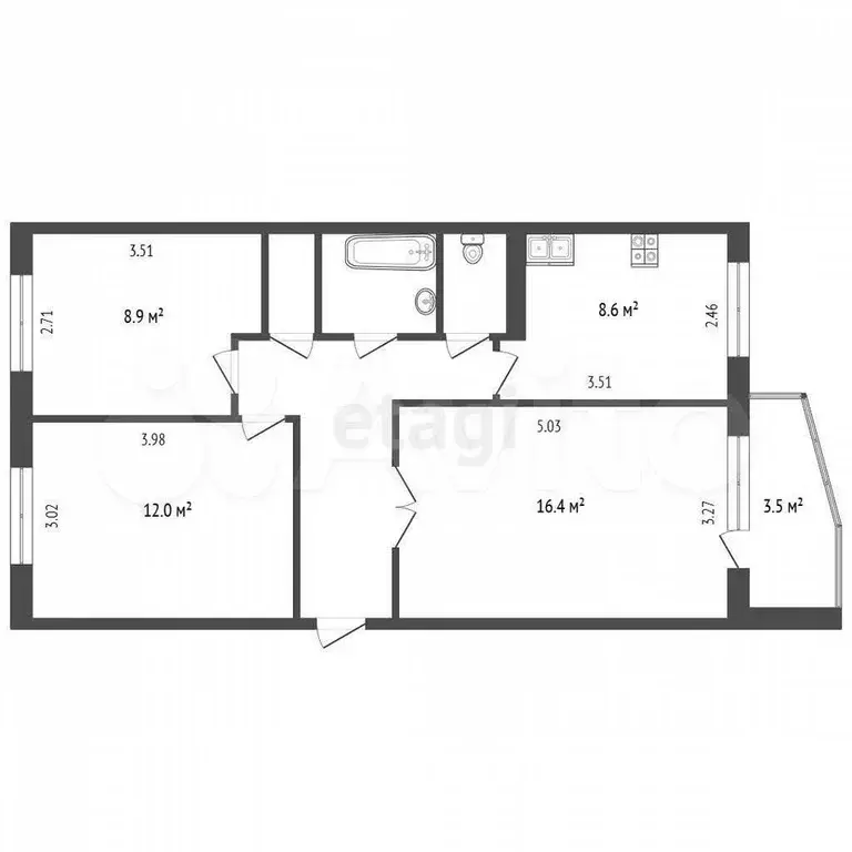 3-к. квартира, 58,4 м, 3/5 эт. - Фото 0