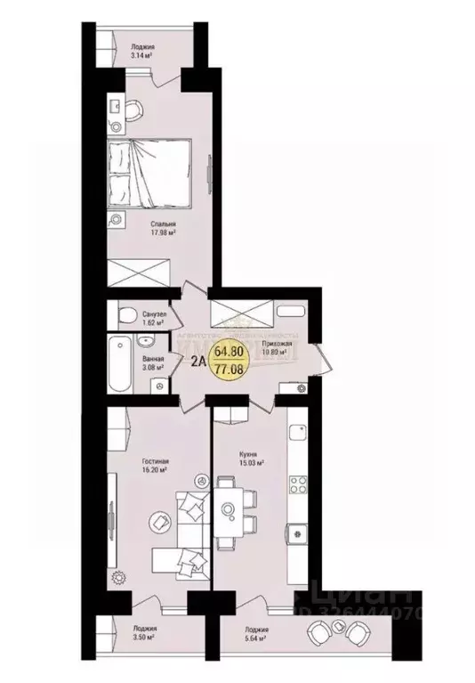 2-к кв. Марий Эл, Йошкар-Ола ул. Зарубина, 12 (77.08 м) - Фото 2