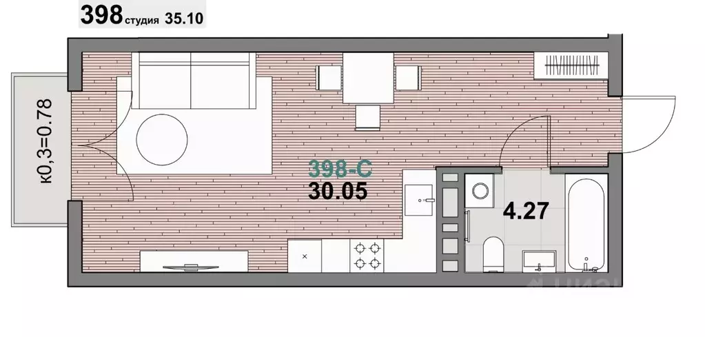 1-к кв. Калининградская область, Зеленоградск ул. Гагарина (35.1 м) - Фото 1