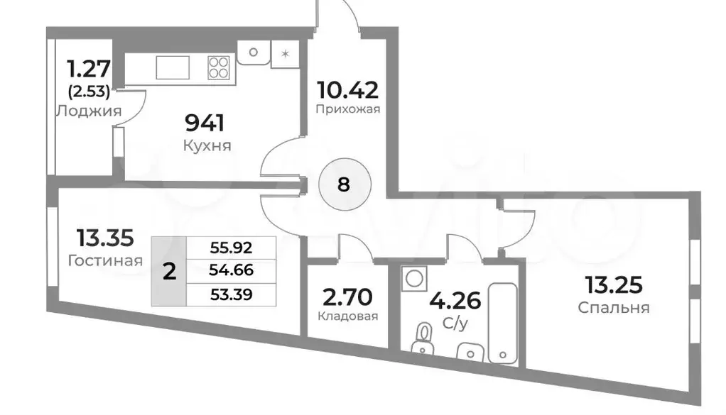 2-к. квартира, 54,6 м, 2/10 эт. - Фото 1