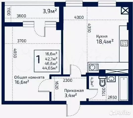 1-к. квартира, 39,2 м, 7/9 эт. - Фото 0