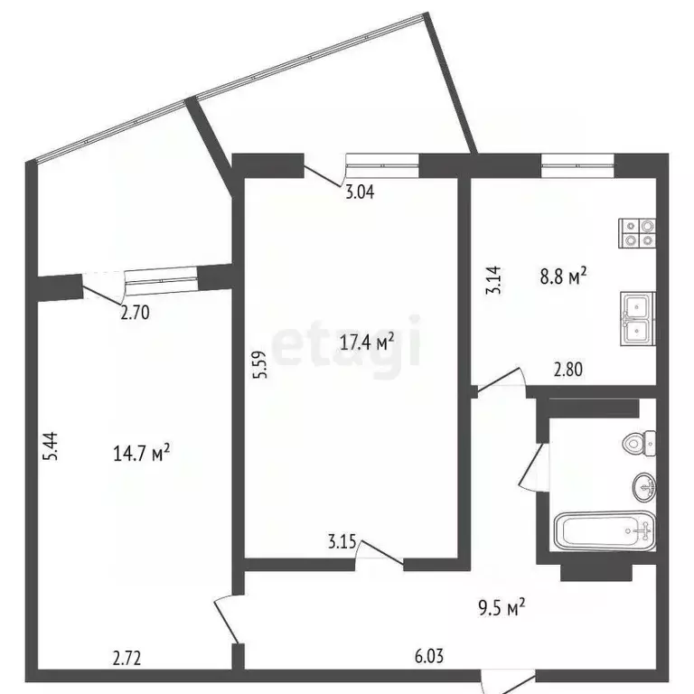 2-к кв. Челябинская область, Челябинск ул. Калмыкова, 16а (53.9 м) - Фото 1