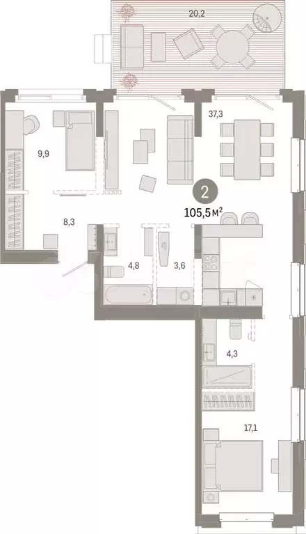 2-к. квартира, 105,5 м, 2/11 эт. - Фото 1