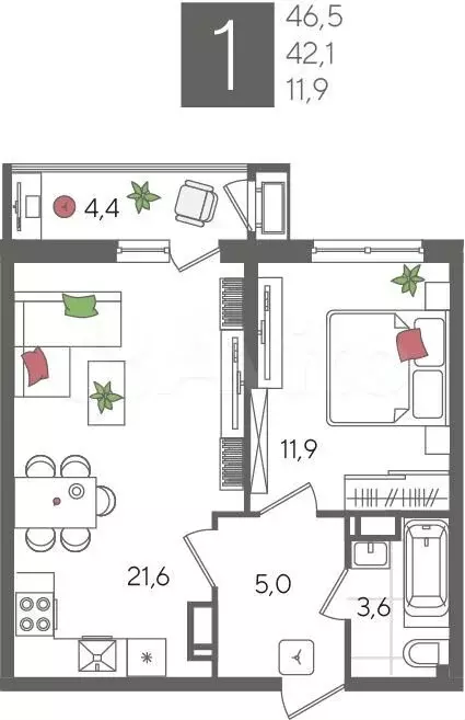 1-к. квартира, 46,5 м, 15/24 эт. - Фото 1