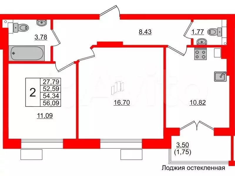 2-к. квартира, 54,3 м, 1/6 эт. - Фото 1