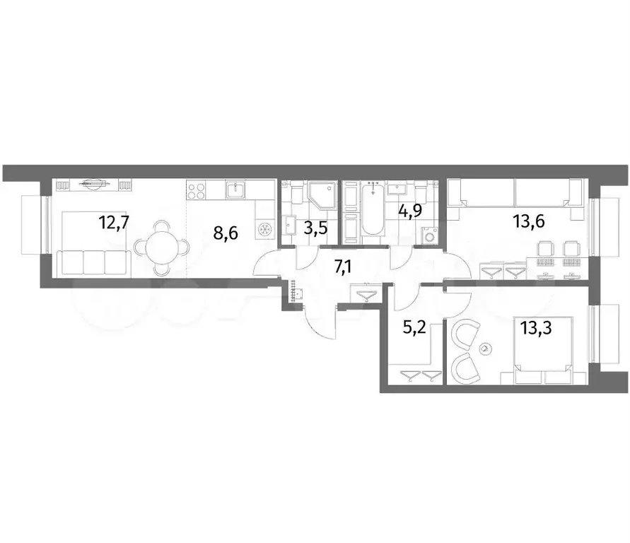 3-к. квартира, 68,9 м, 4/6 эт. - Фото 1