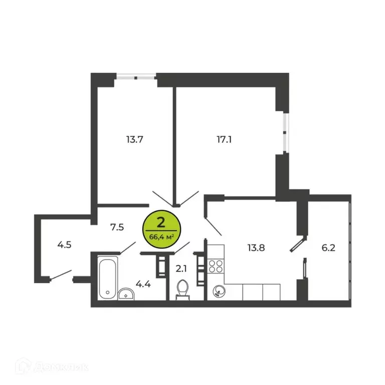 Продаётся 2-к квартира, 66.48 м - Фото 1