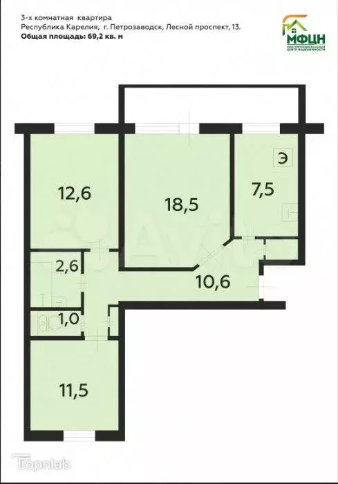 3-к. квартира, 69,2 м, 1/9 эт. - Фото 0