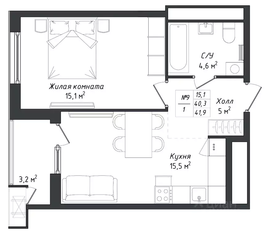 1-к кв. Калужская область, Калуга Комфорт Парк жилой комплекс (42.2 м) - Фото 2