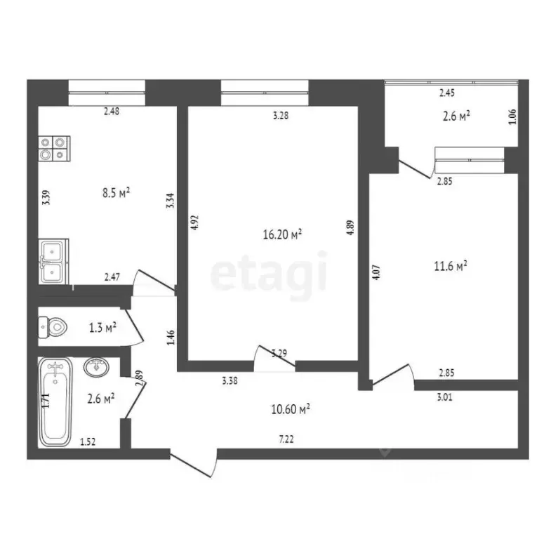 2-к кв. Башкортостан, Стерлитамак ул. Артема, 128 (50.5 м) - Фото 1