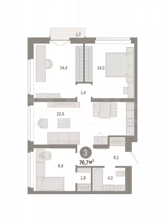 3-к. квартира, 76,7 м, 9/9 эт. - Фото 0