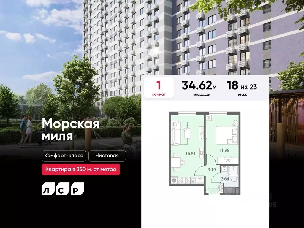 1-к кв. Санкт-Петербург Морская миля жилой комплекс (34.62 м) - Фото 0