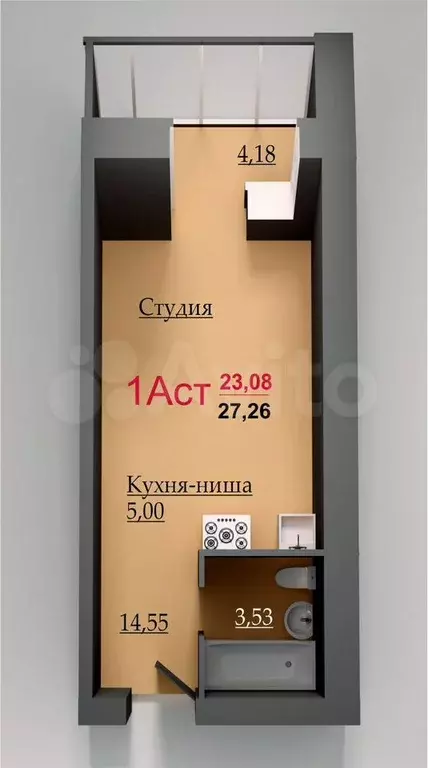 Квартира-студия, 31,1 м, 1/15 эт. - Фото 0