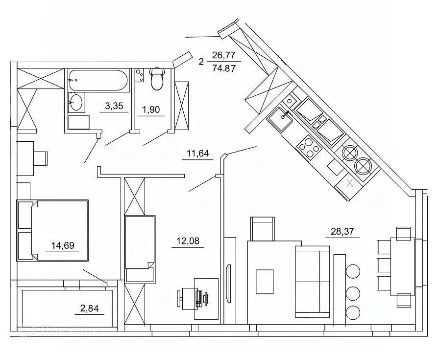 2-к кв. Рязанская область, Рязань ул. Земнухова (74.87 м) - Фото 1