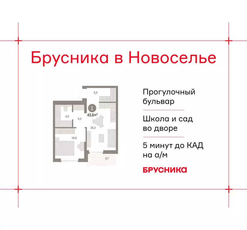 1-комнатная квартира: городской посёлок Новоселье, ЖК Брусника (43.78 ... - Фото 1