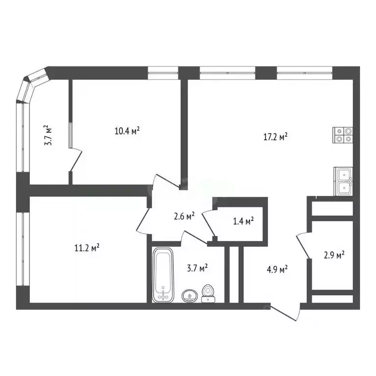 2-к кв. Тюменская область, Тюмень ул. Эльвиры Федоровой, 1 (58.4 м) - Фото 2