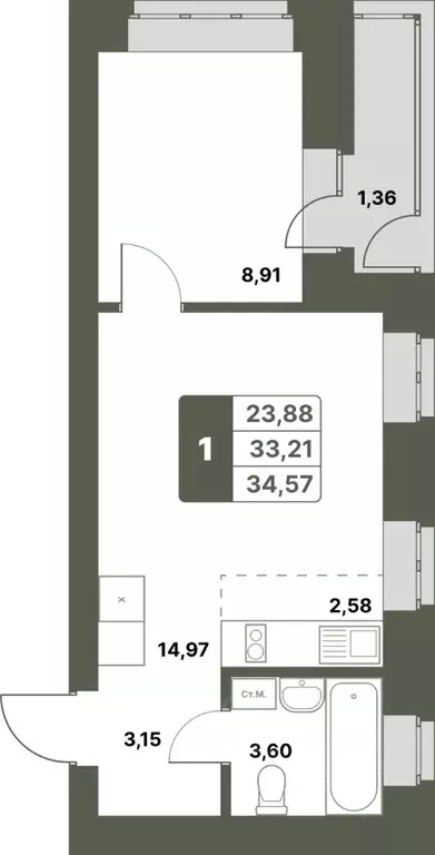 1-к кв. Башкортостан, Уфимский район, с. Миловка  (34.57 м) - Фото 1