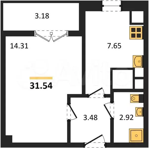 1-к. квартира, 31,5 м, 9/9 эт. - Фото 1