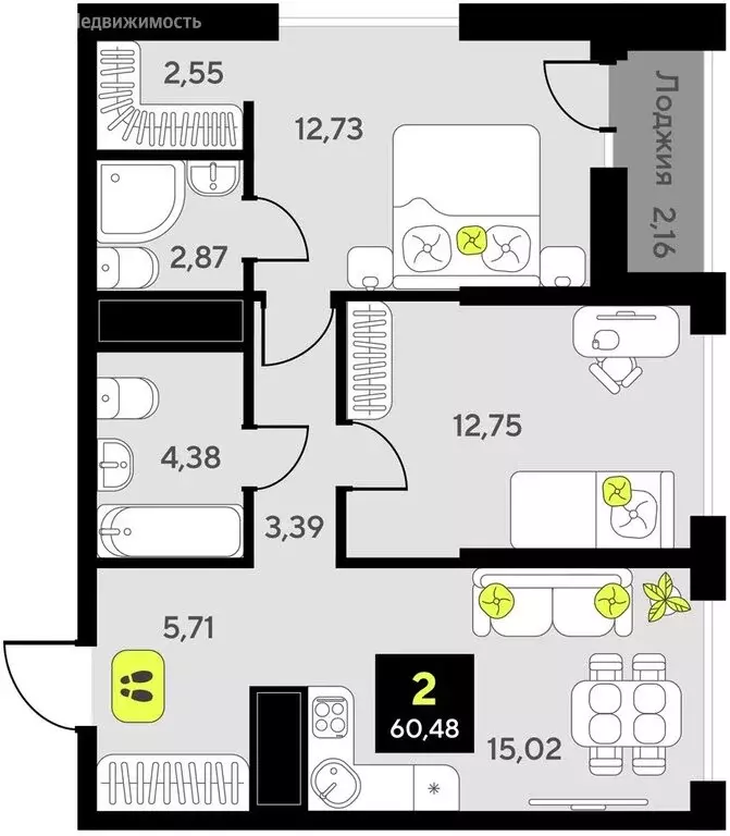 2-комнатная квартира: Тюмень, улица Андрея Приказнова, 7 (60.48 м) - Фото 0