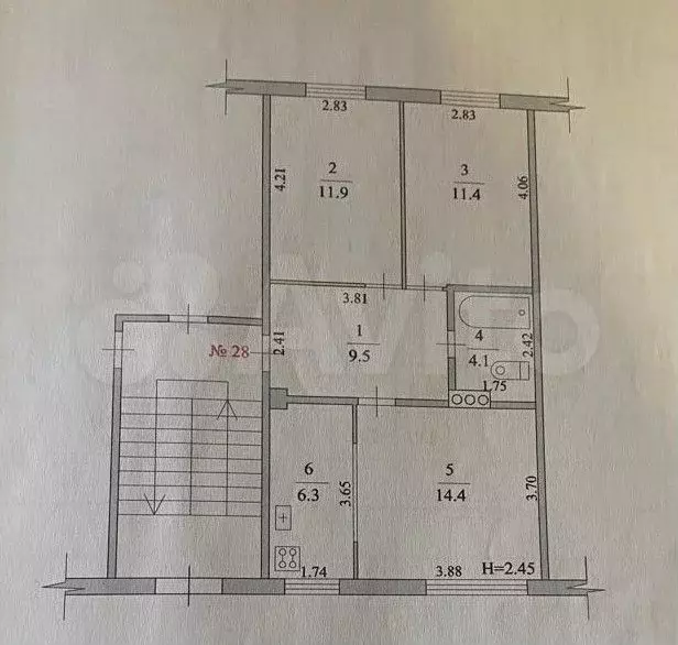 3-к. квартира, 57,6 м, 1/5 эт. - Фото 1