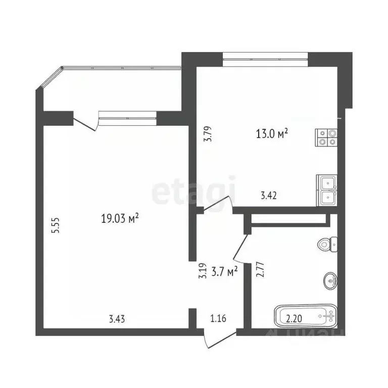 1-к кв. тюменская область, тюмень кремлевская ул, 110к2 (43.0 м) - Фото 1