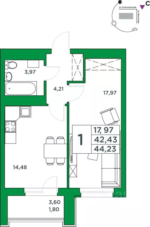1-к кв. Башкортостан, Уфа Комсомольская ул., 8 (42.43 м) - Фото 1